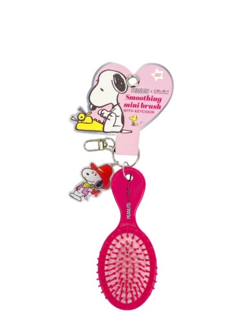 Peanuts Bright Pink Mini Hair Brush Keychain with Snoopy Charm